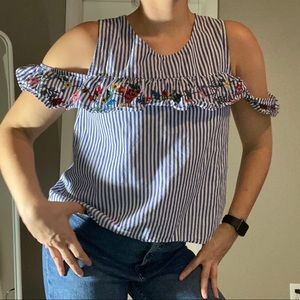 Off the Shoulder Embroidered Striped Blouse